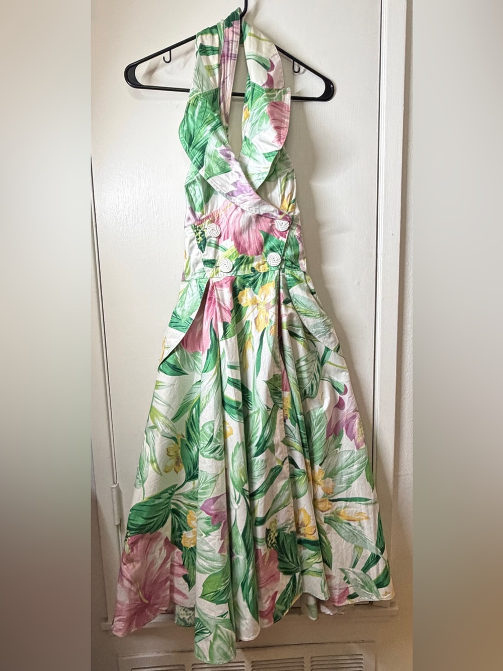 Vintage Karen Alexander Oversized Floral White Pink Green Halter Dress Size 14